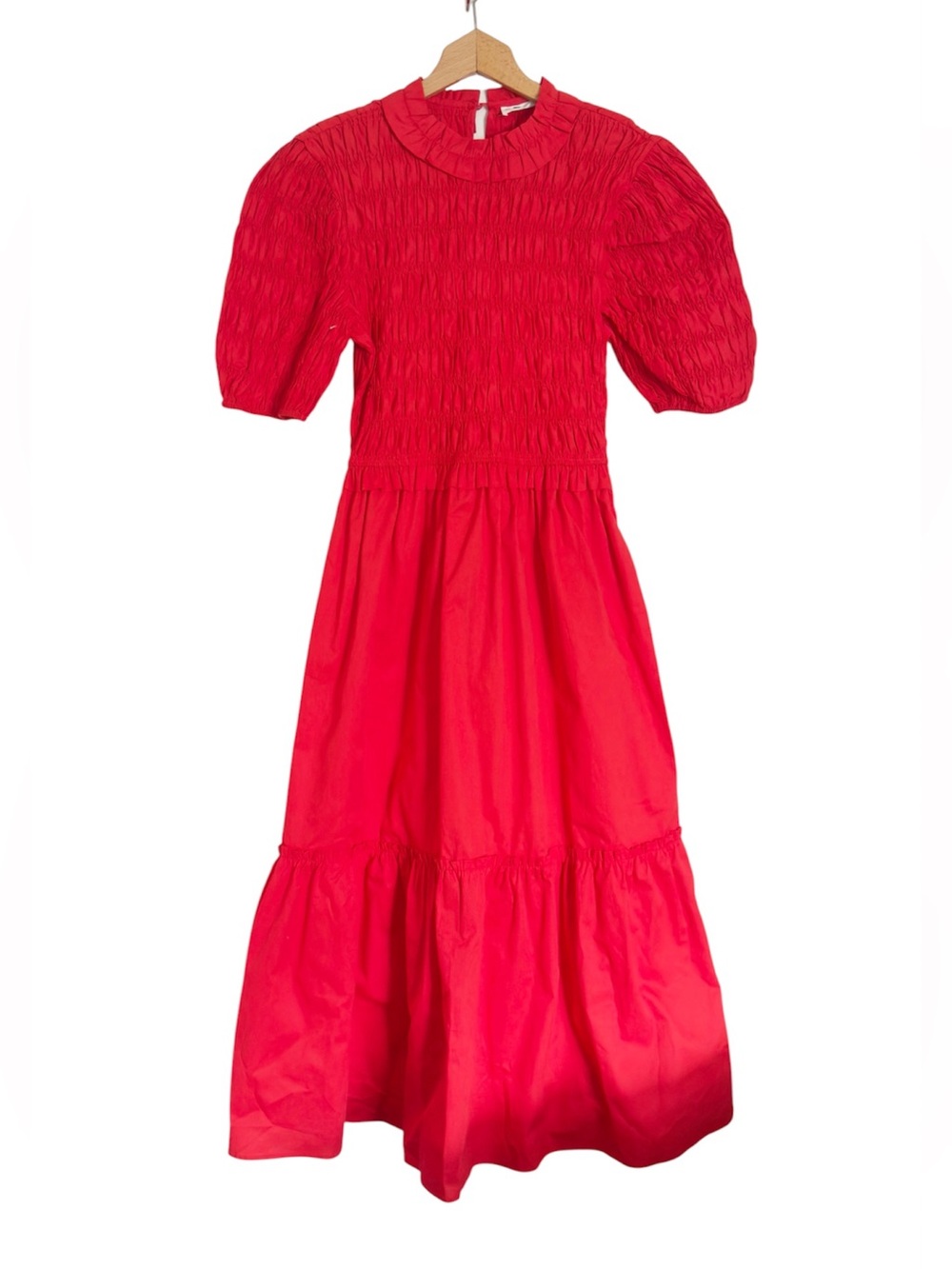 In The Beginning Red Smocked Puff Sleeve Tiered Midi Boho Dress size M